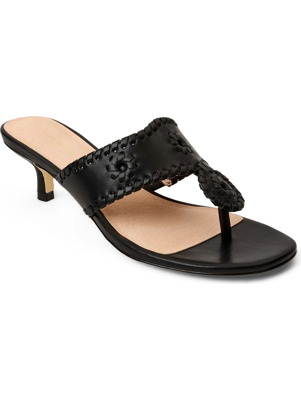 Black Braided Leather Thong Kitten Heel Sandal